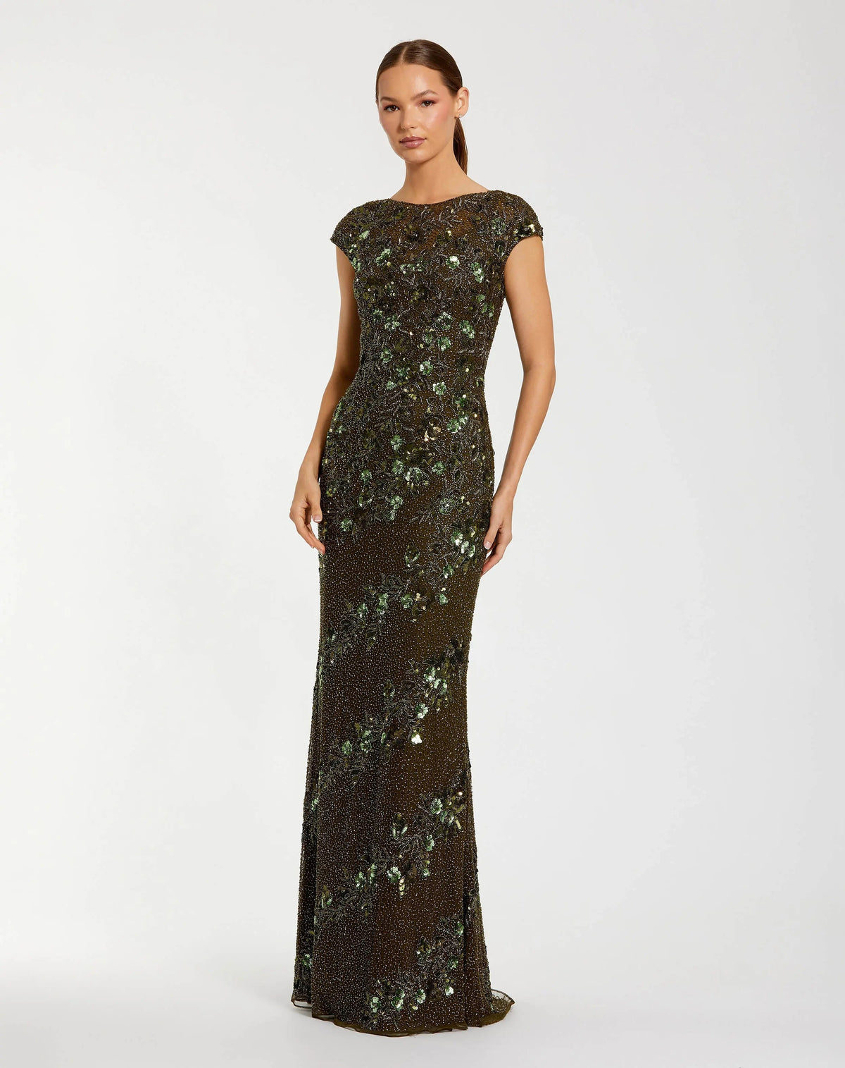 Green Floral Embellished Cap Sleeve Column Gown