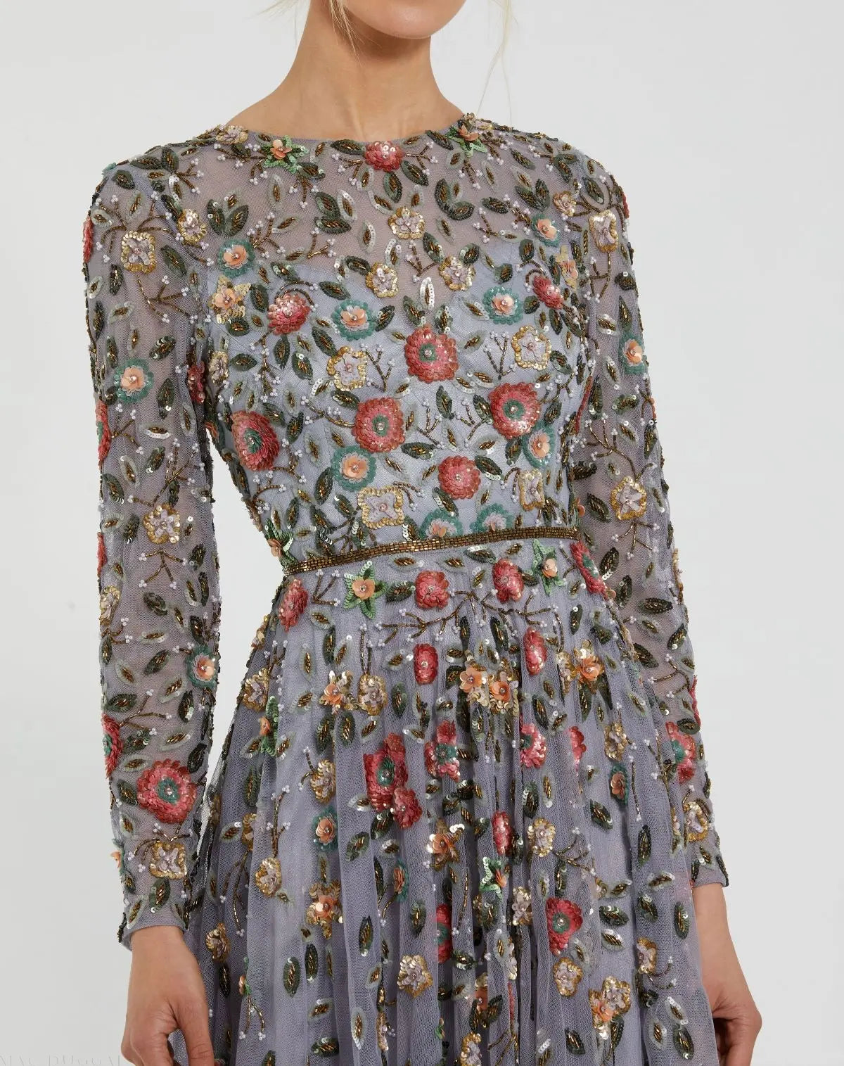 Gray Embellished High Neck Long Sleeve A Line Gown
