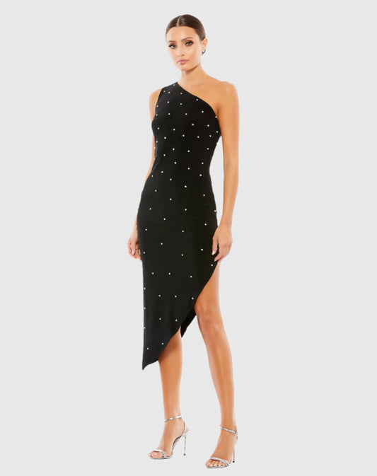Black Rhinestone One Shoulder Asymmetrical Midi Dress