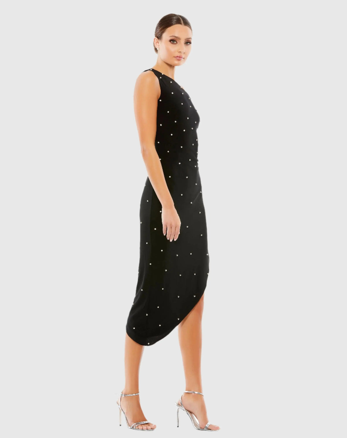 Black Rhinestone One Shoulder Asymmetrical Midi Dress