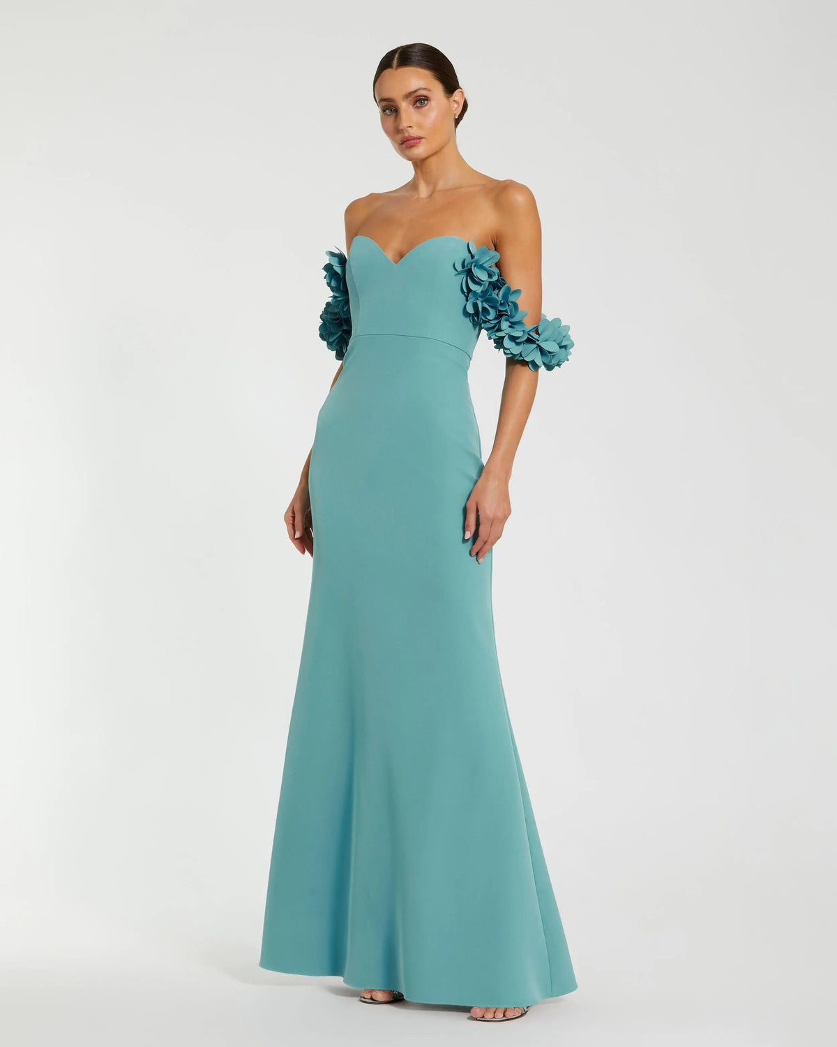 Crepe Off The Shoulder Gown With 3D Flowers