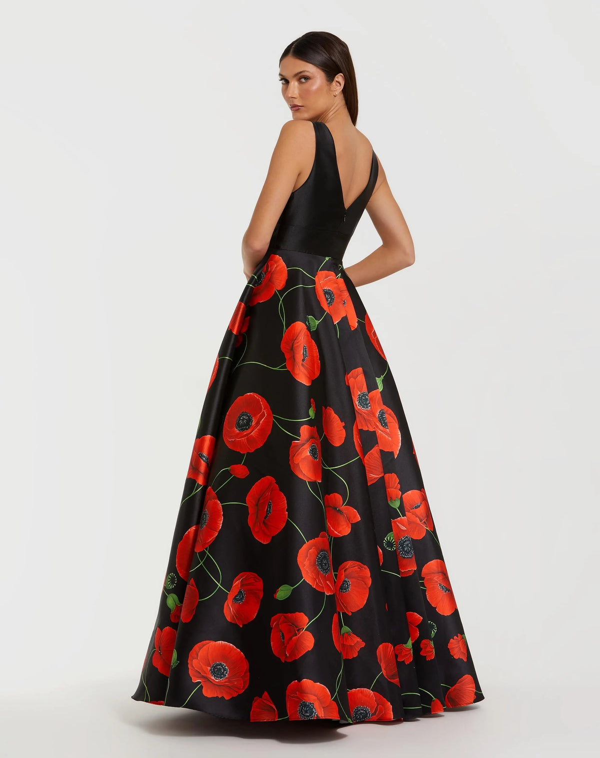 Black Plunge Neck Ball Gown With Floral Mikado Skirt