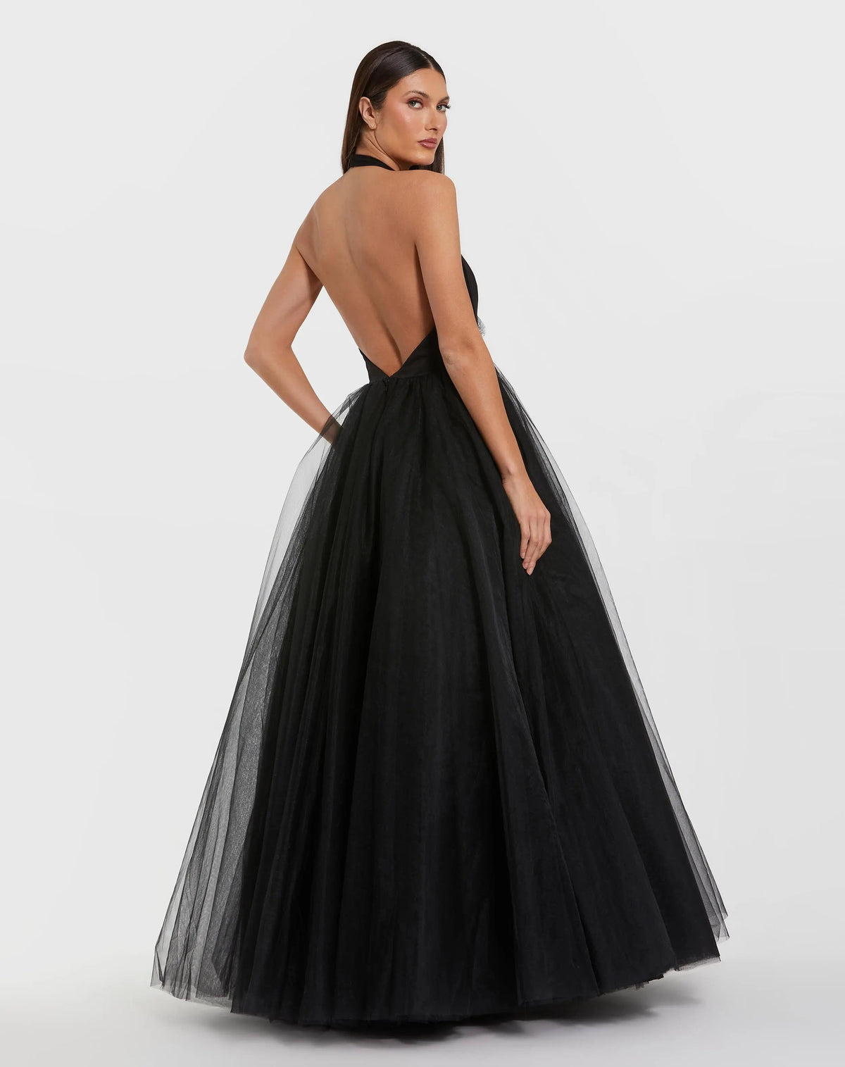 Black Halter Neck Ball Gown with Rhinestone Flower