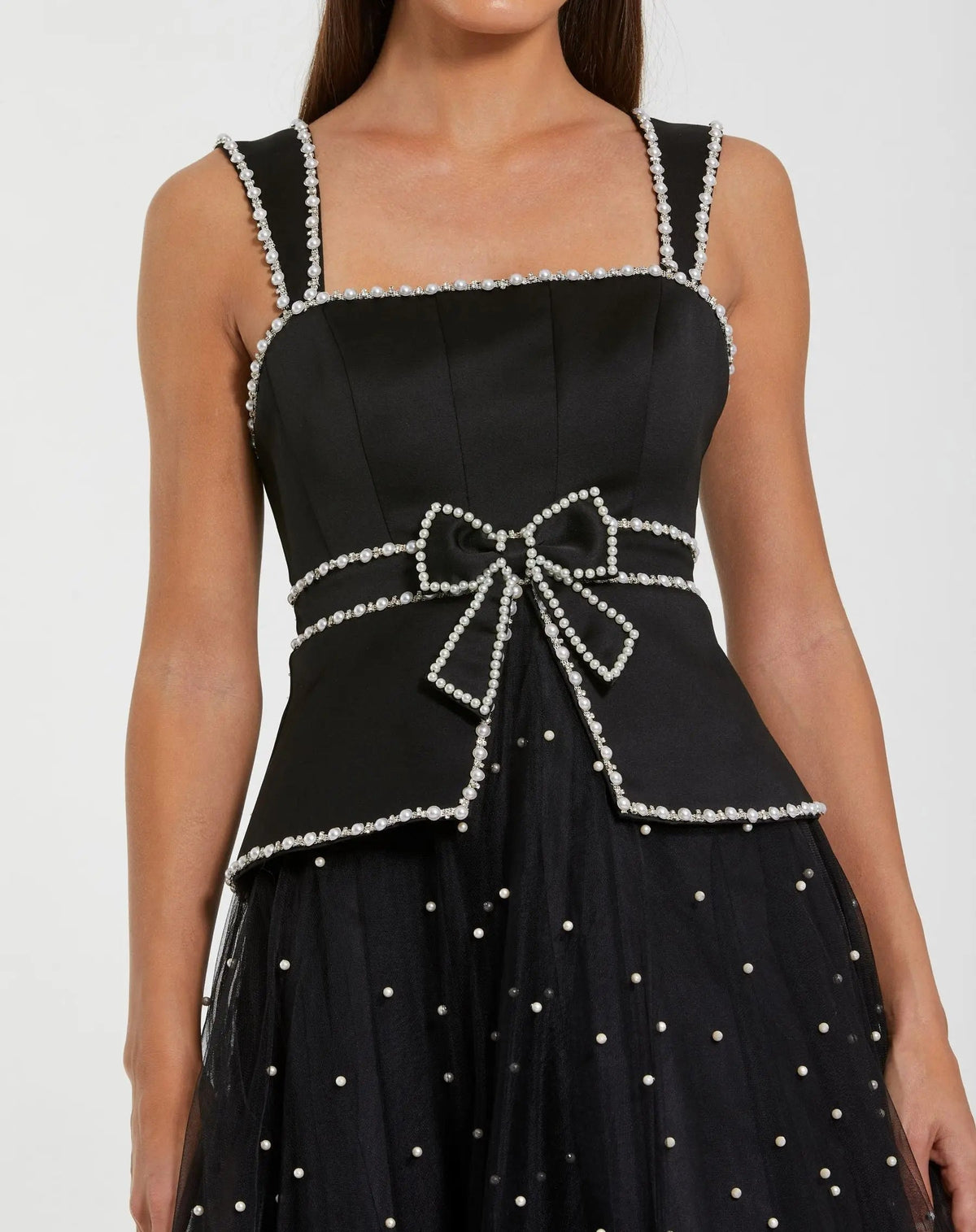 Black Sleeveless Embellished Crepe And Tulle Midi Dress