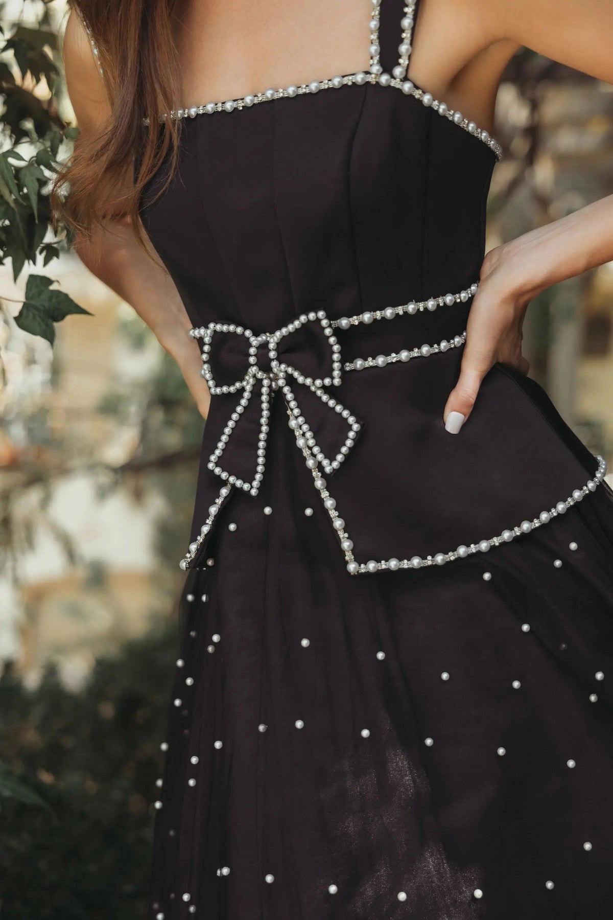 Black Sleeveless Embellished Crepe And Tulle Midi Dress