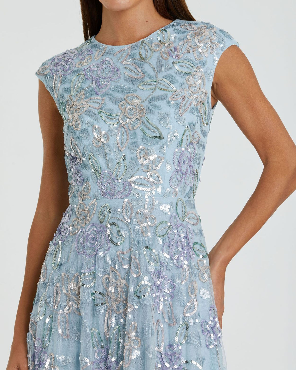 Blue Sequined High Neck Cap Sleeve A Line Gown