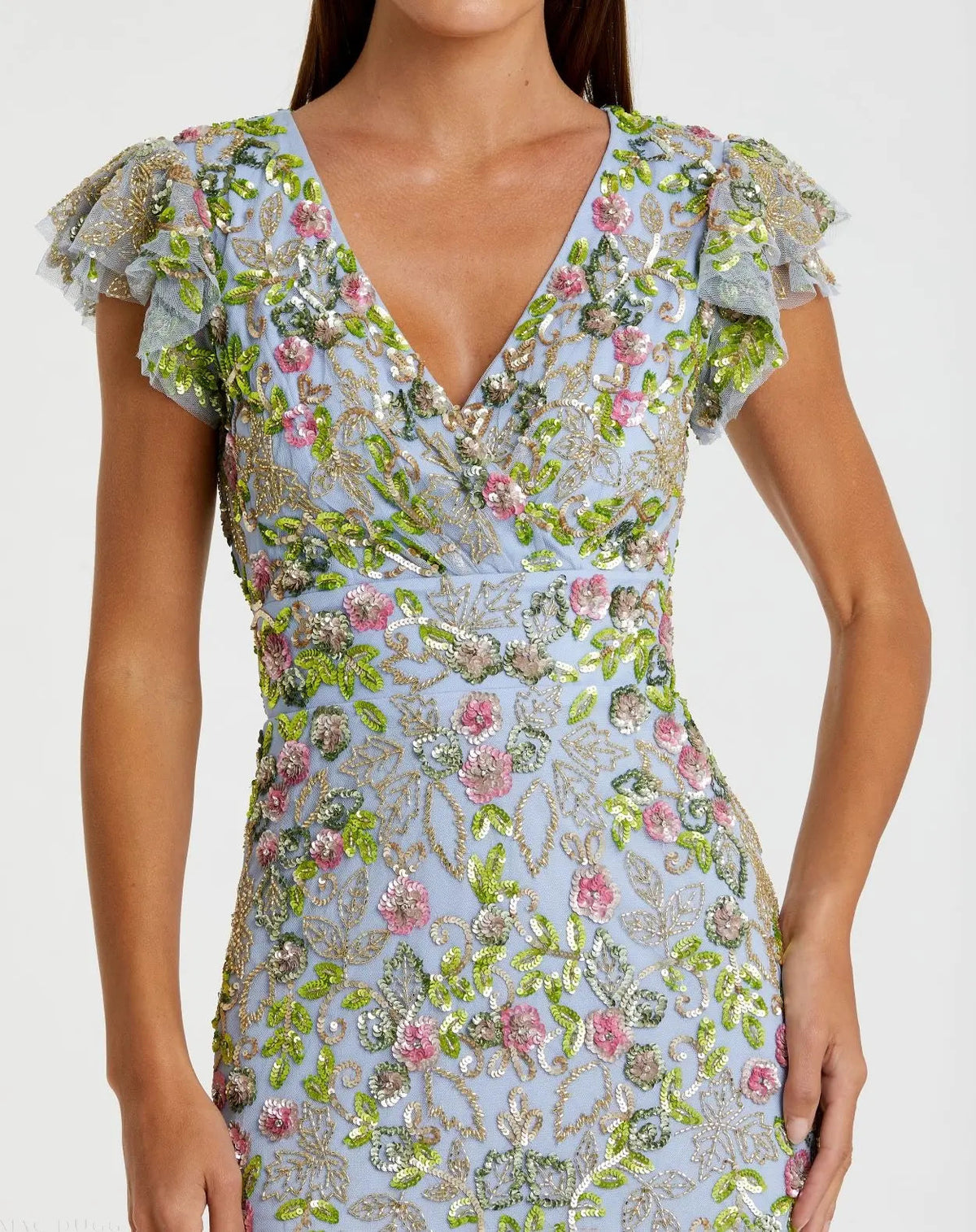 Blue Floral Sequin Embellished Flutter Cap Sleeve Dress