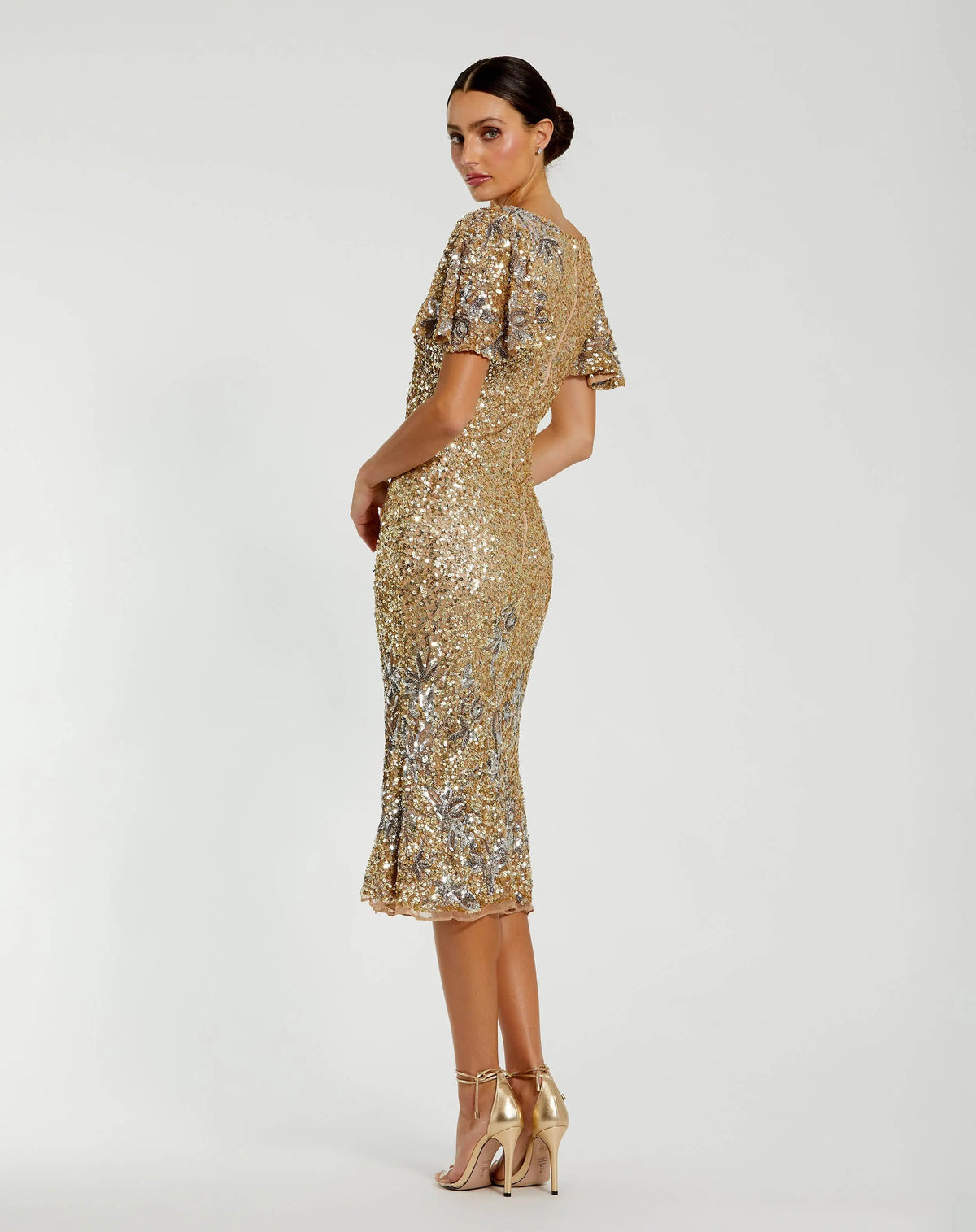 Gold Flutter Sleeve Floral Embellished Sequin Midi Dress
