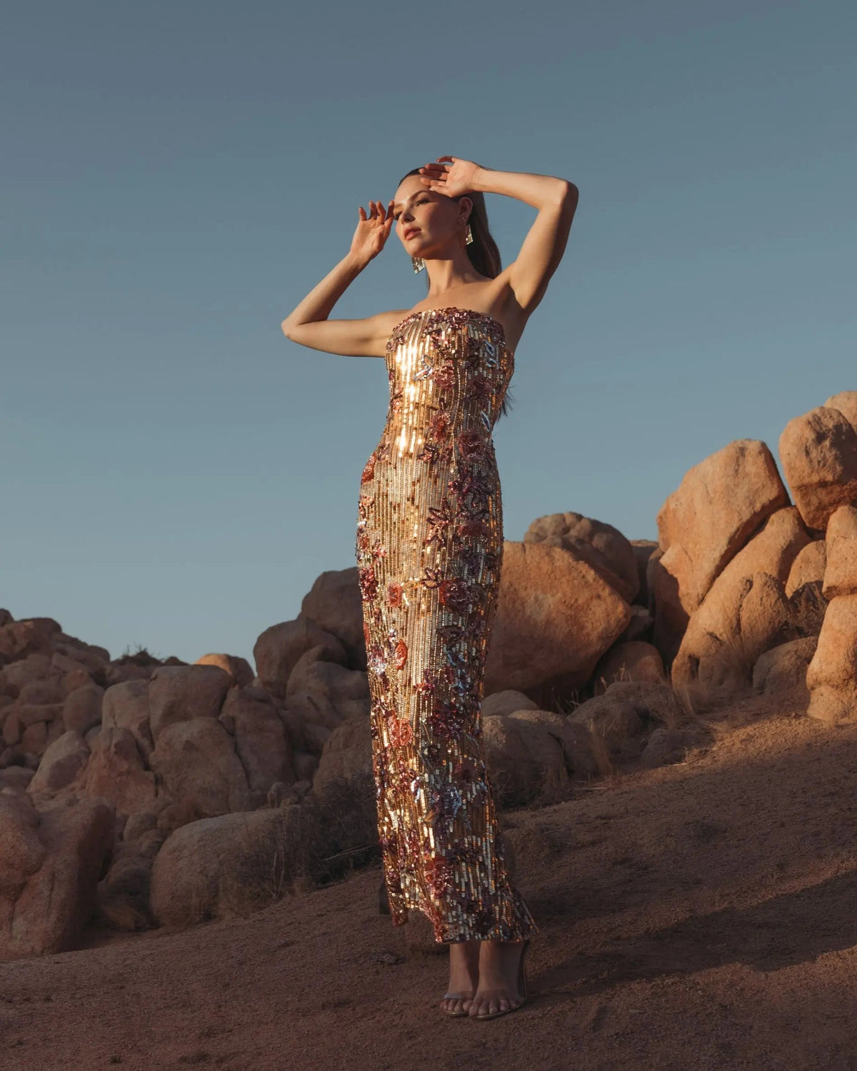 Gold Floral Embellished Strapless Column Dress