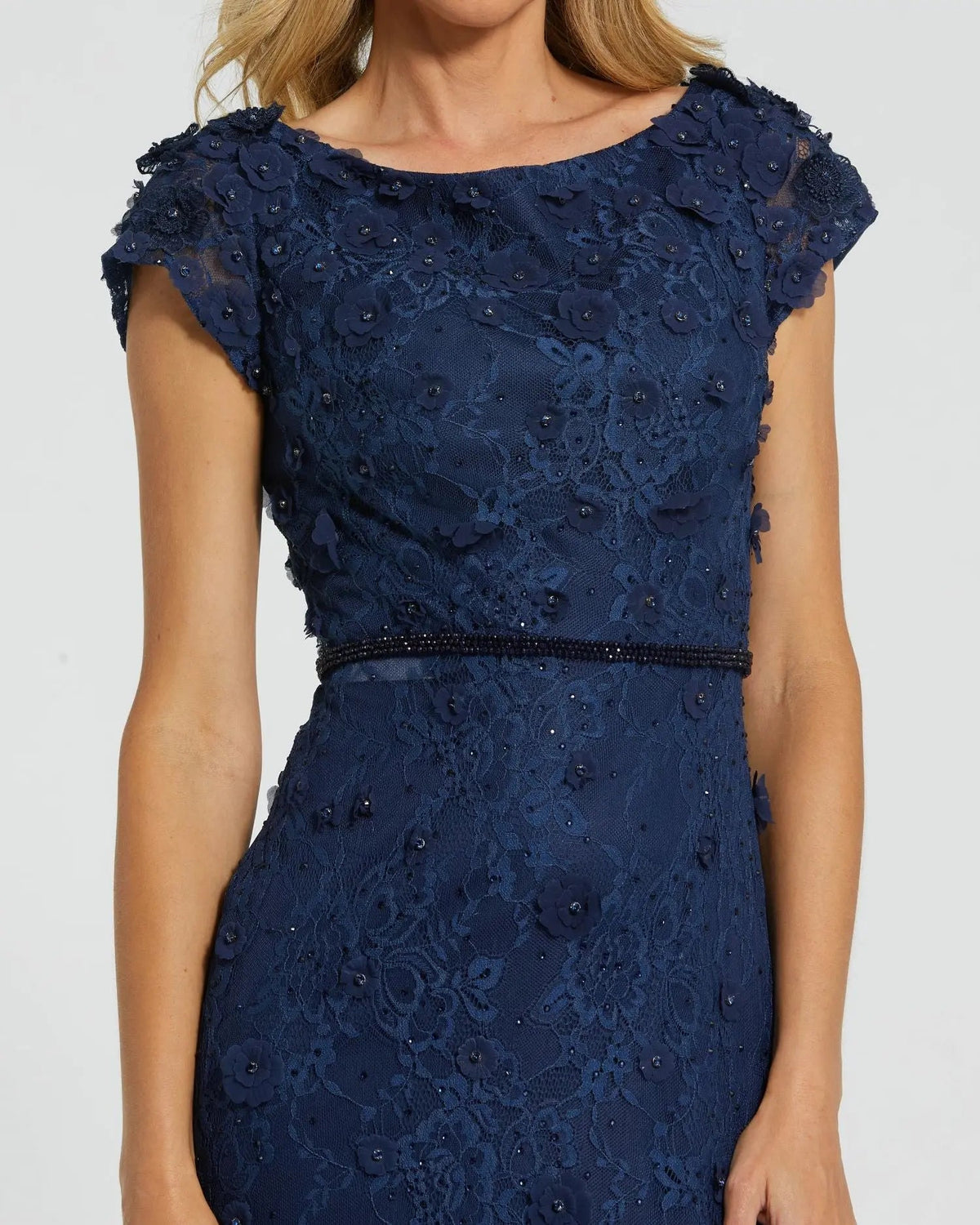 Navy Floral Applique Boat Neck Cap Sleeve Gown