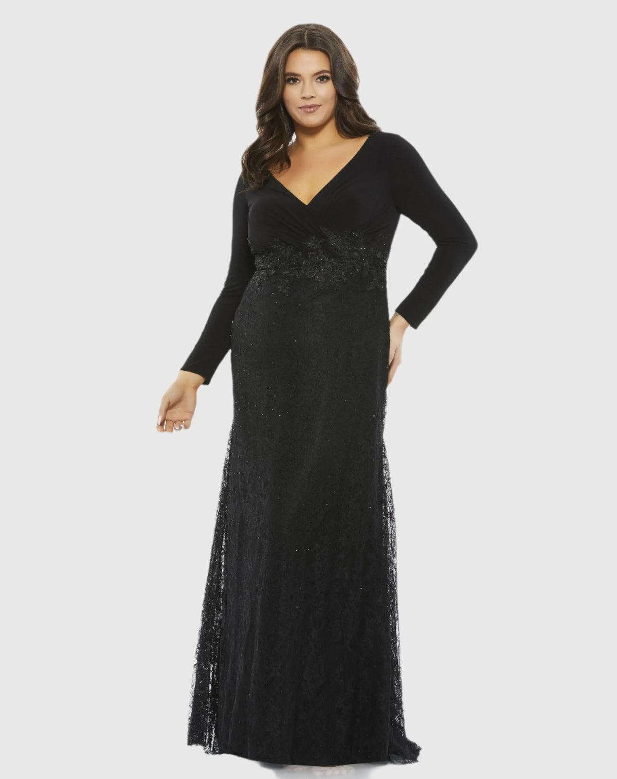 Black Wrap Over Long Sleeve Lace Applique Trumpet Gown (Plus)