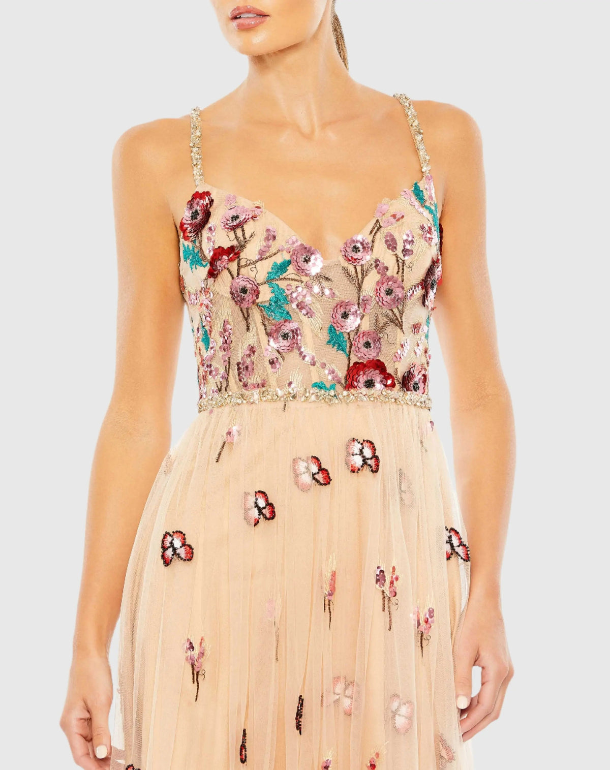 Beige Embellished Floral Detail A Line Gown