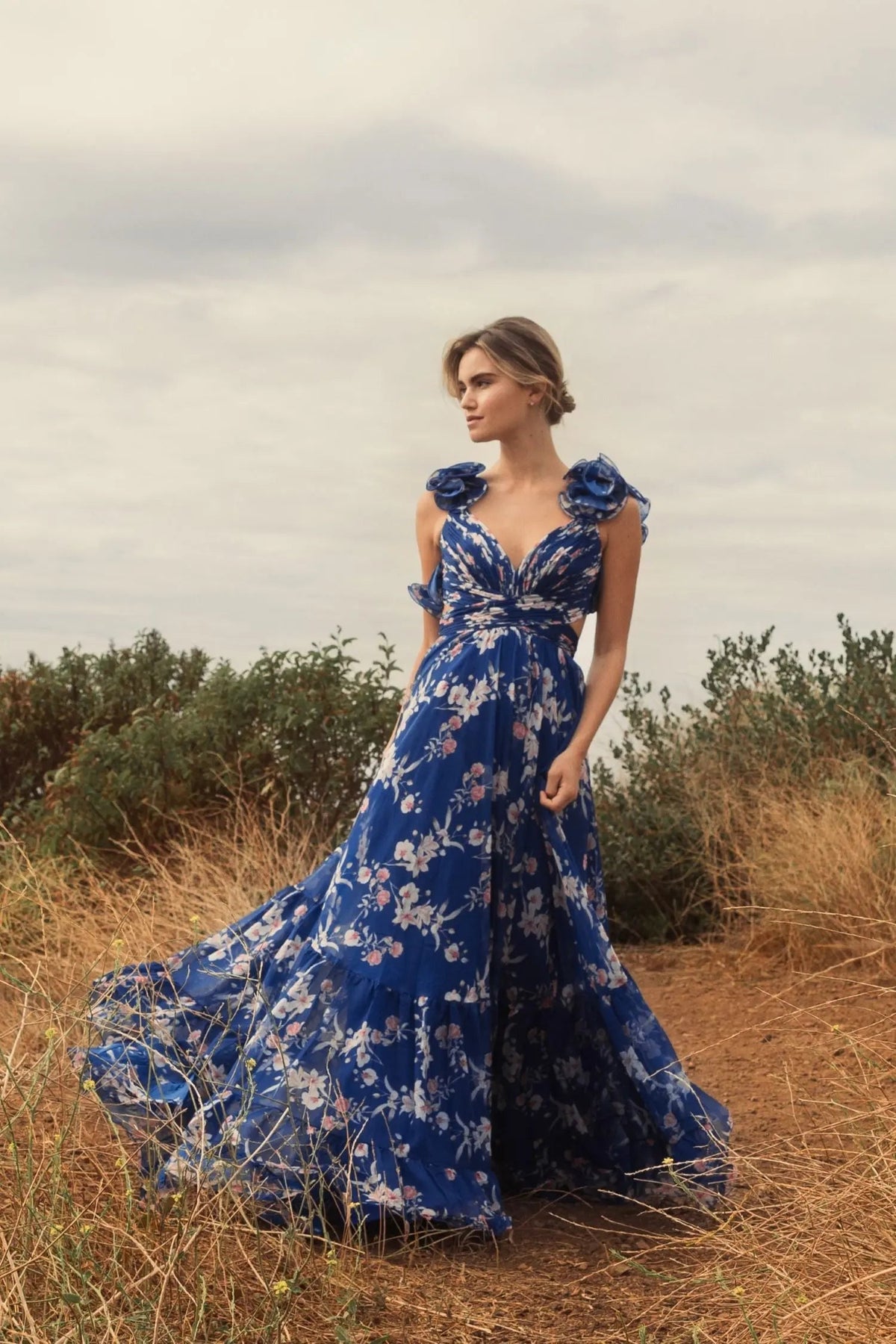 Blue Ruffle Tiered Floral Cut-Out Chiffon Gown