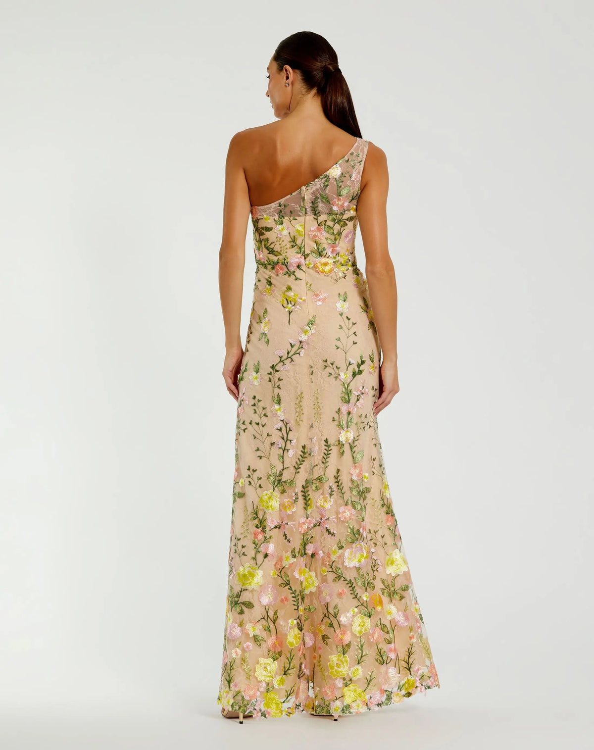 Beige One Shoulder Floral Embroidered Gown