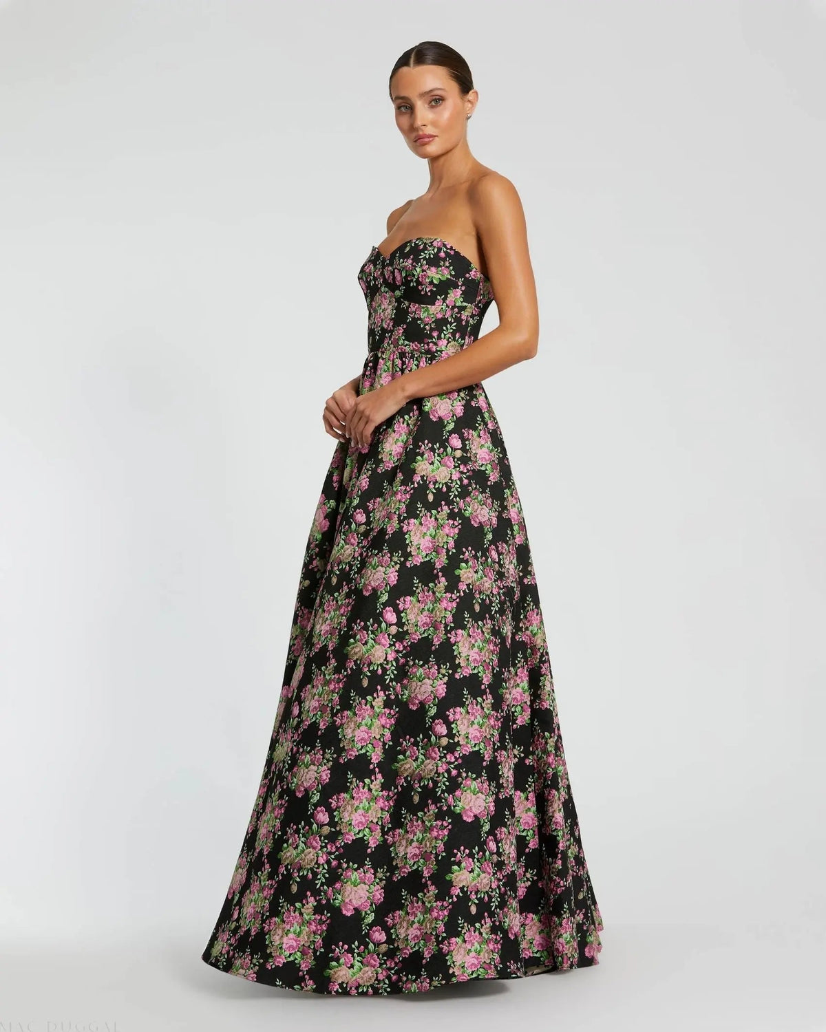 Black Strapless Sweetheart Brocade Floral Ballgown
