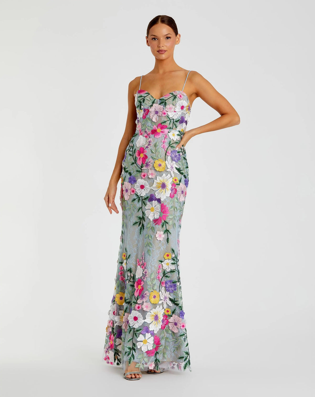 Green Floral Embroidered Sleeveless Bustier Gown