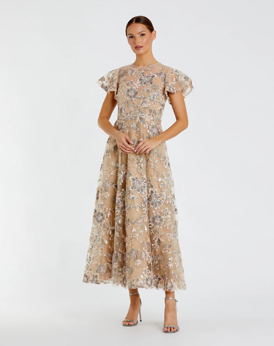 Beige Flutter Sleeve Butterfly Embroidered Maxi Dress
