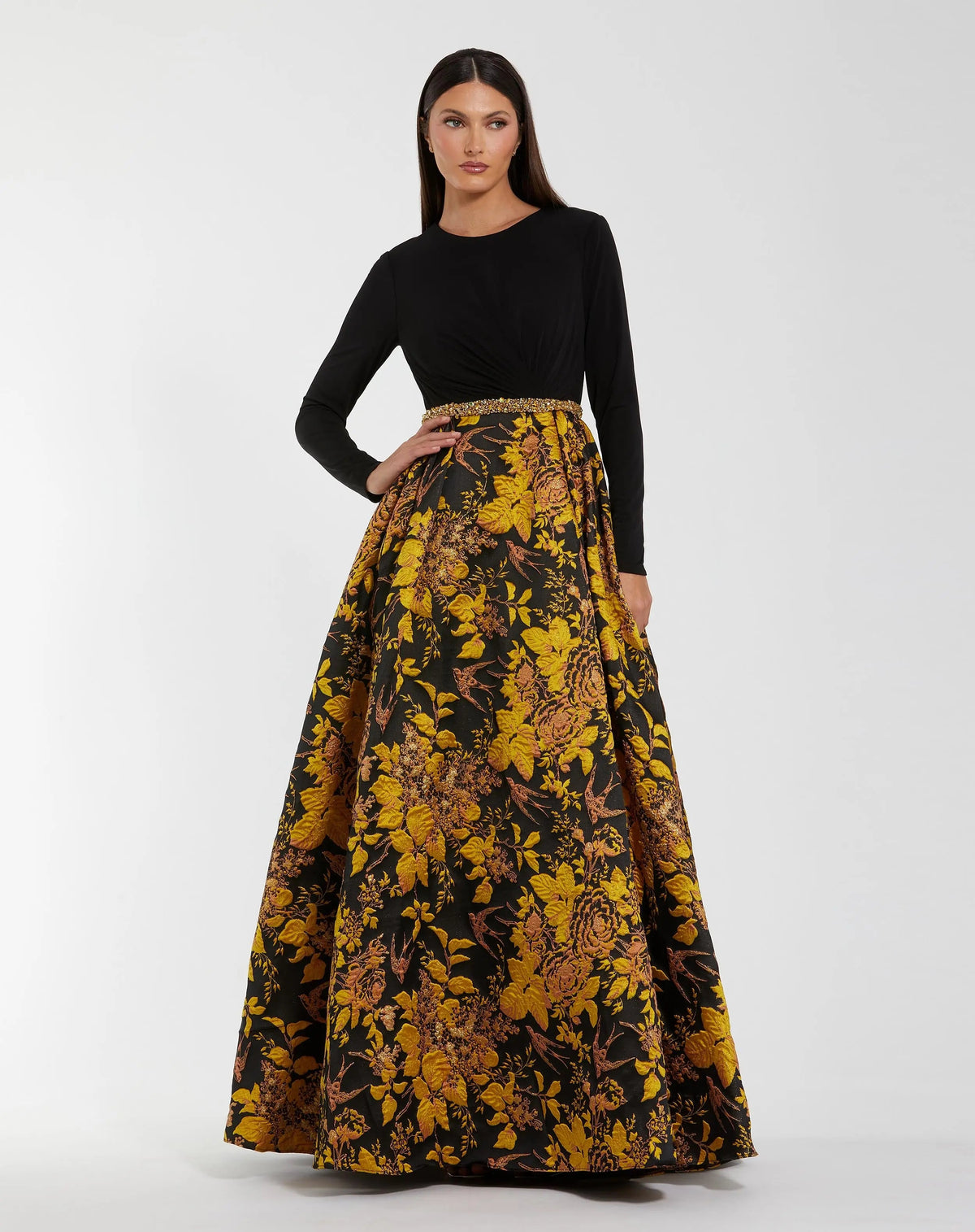 Black Long Sleeve Floral Brocade Ball Gown