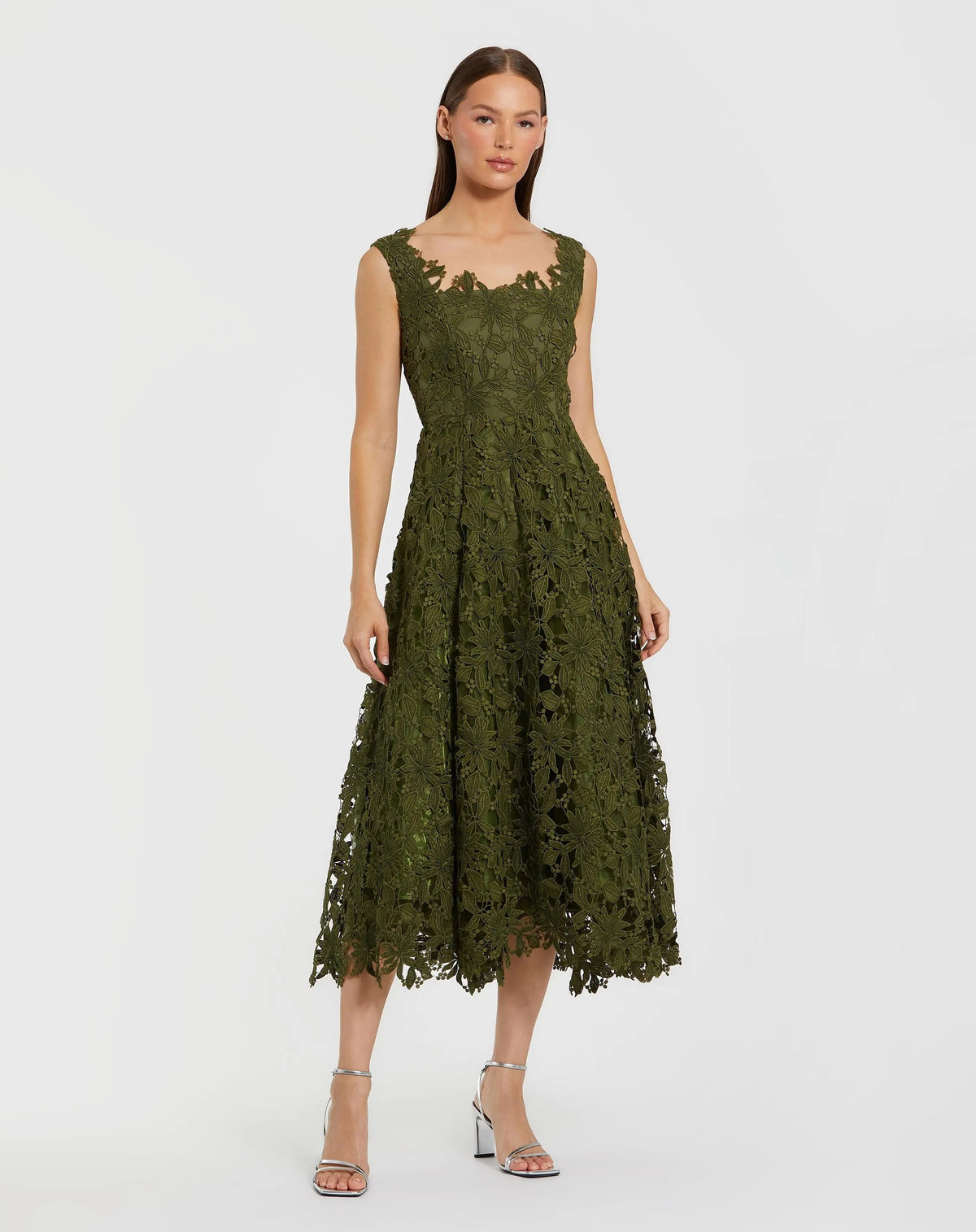 Olive Sleeveless Embroidered Lace A-Line Midi Dress