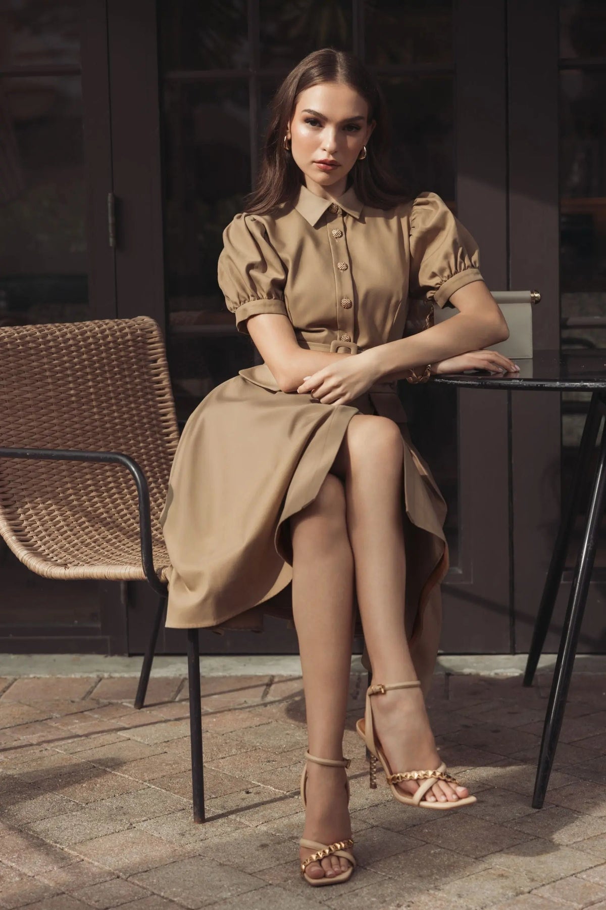 Beige Puff Sleeve Belted Midi Shirt Dress