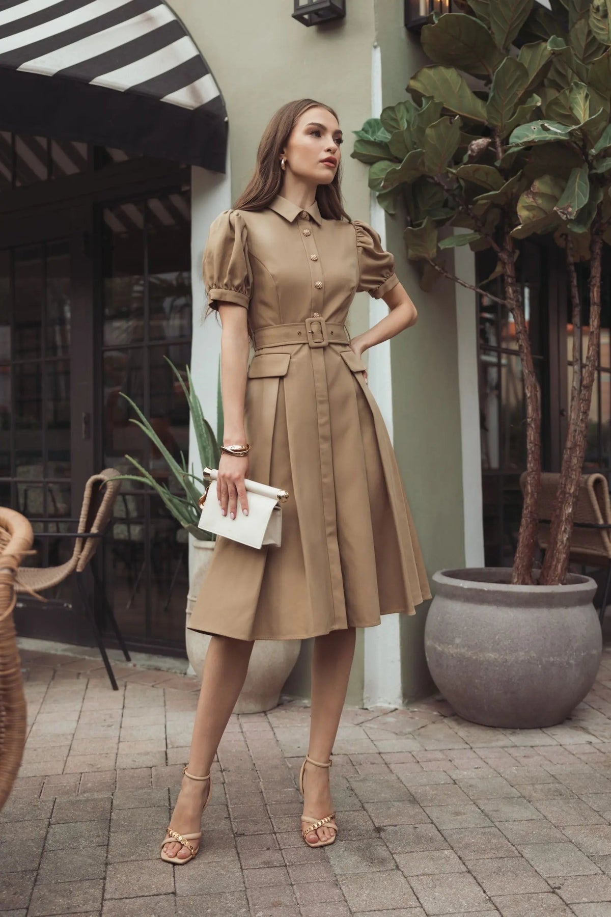 Beige Puff Sleeve Belted Midi Shirt Dress