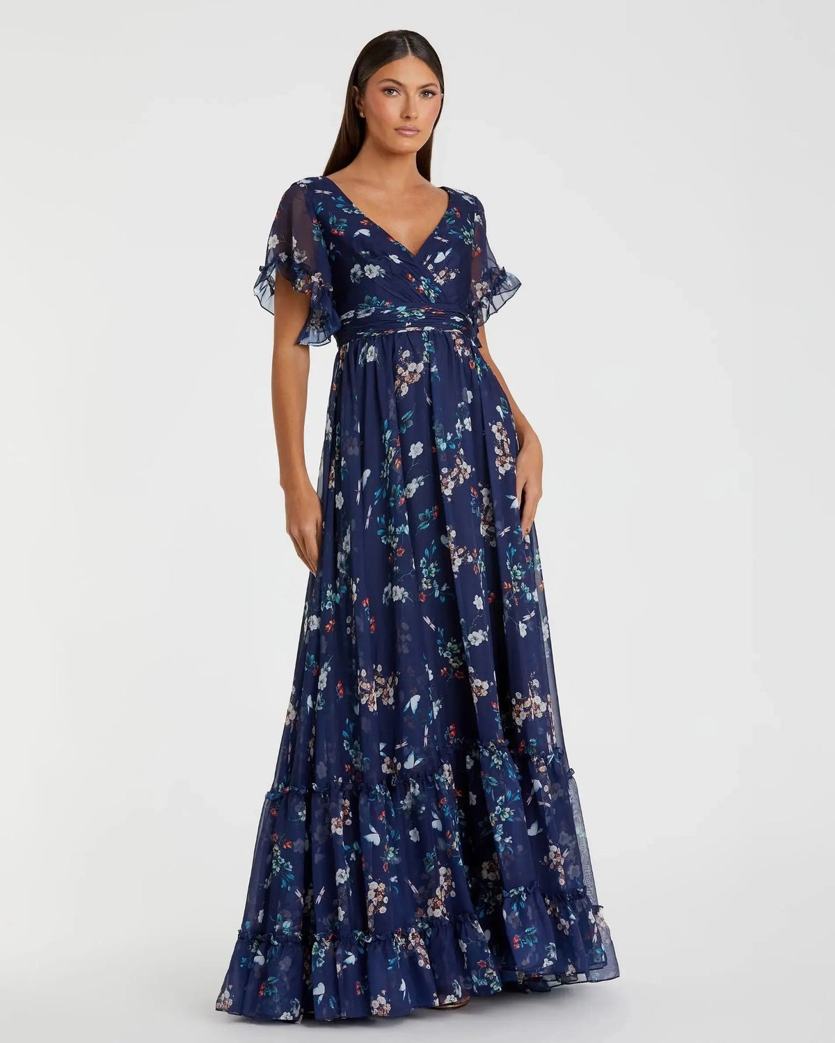 Navy Multicolor Flounce Sleeve Floral Maxi Dress