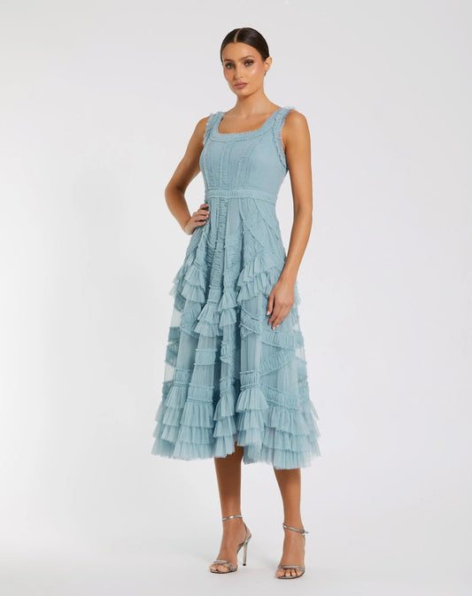 Blue Scoop Neck Sleeveless A-Line Ruffle Midi Dress