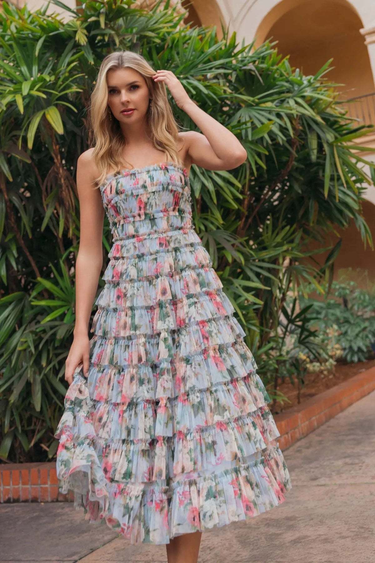 Blue Floral Strapless Ruffle Midi Dress