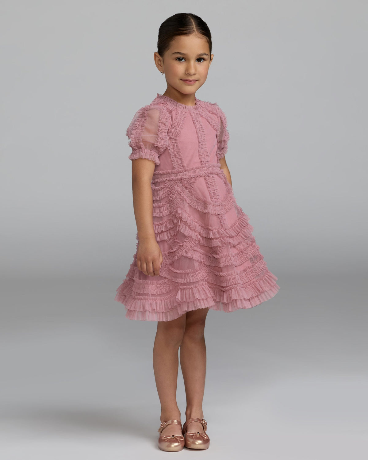 Girls Pink High Neck Puff Sleeve Ruffle Mini Dress