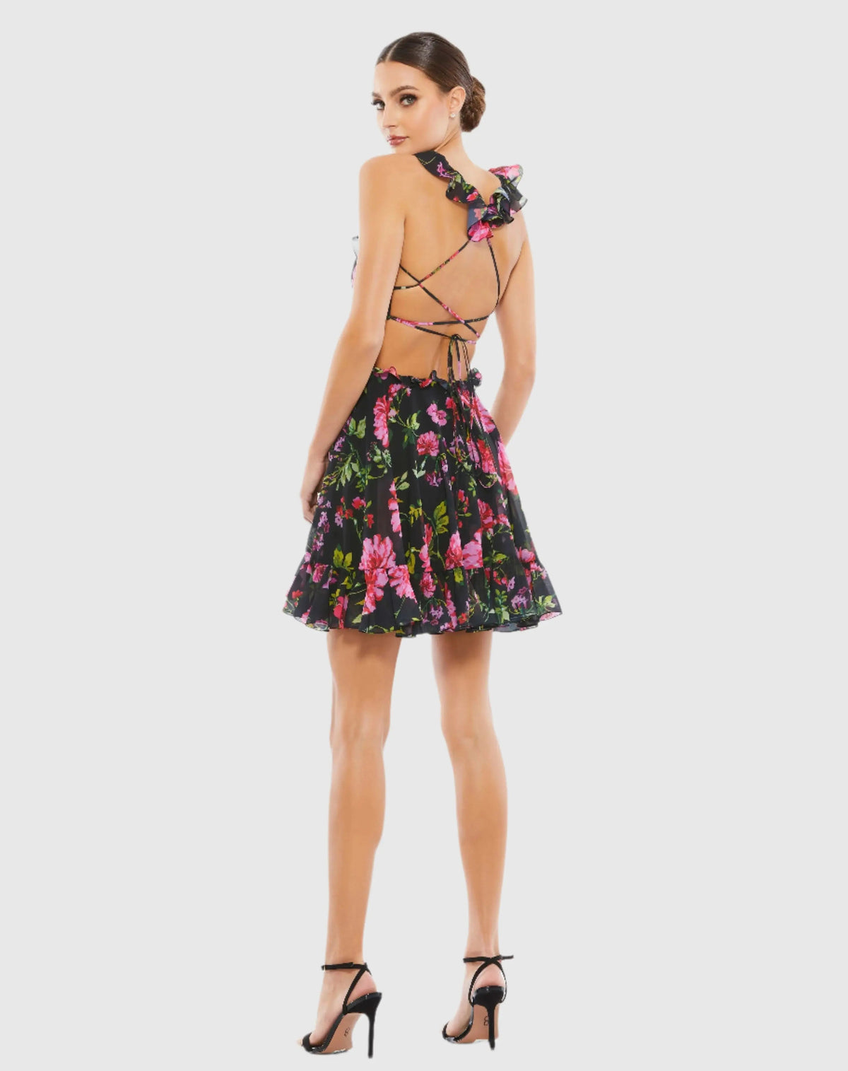 Black Ruffle Cut Out Lace Up Flowy Mini Dress