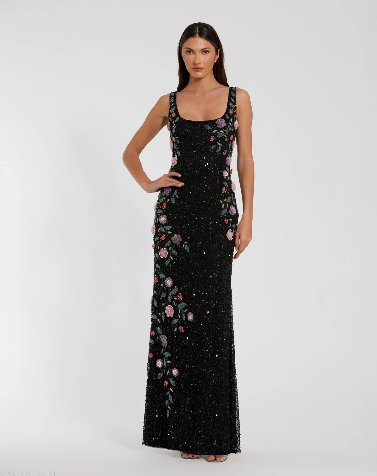 Floral Beaded Mesh Scoop Neck Sleeveless Gown
