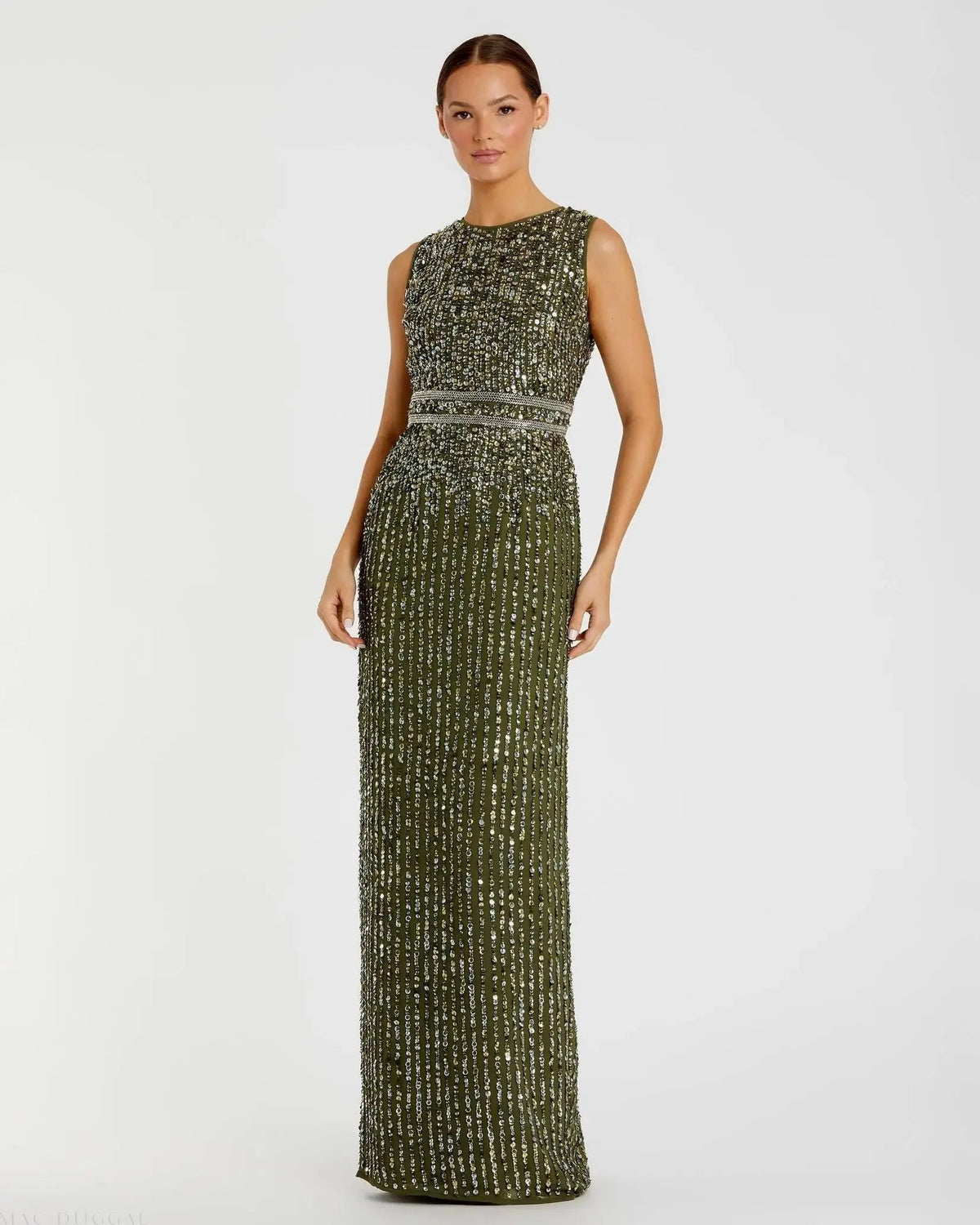 Green Sequined High Neck Sleeveless Column Gown