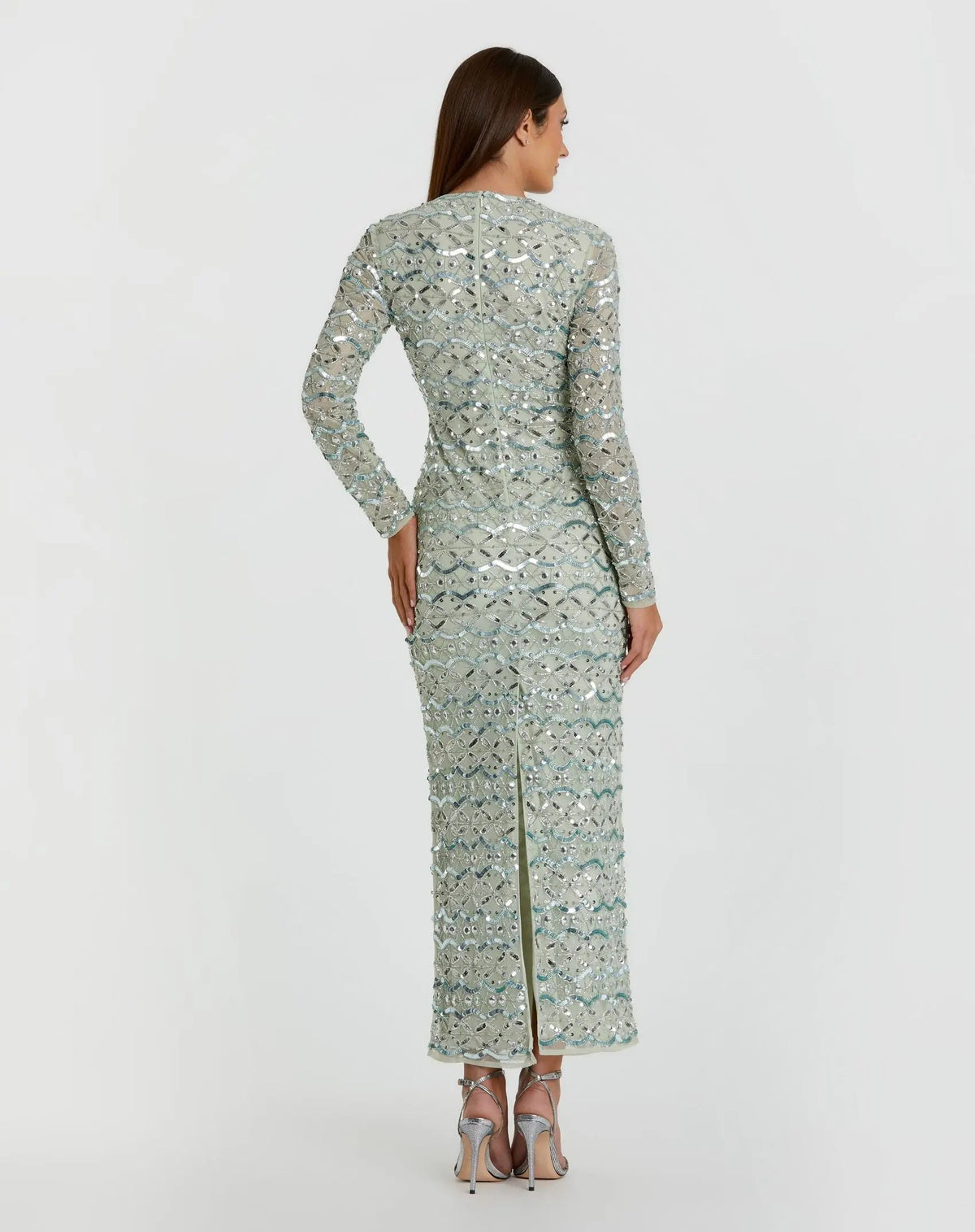 Green High Neck Long Sleeve Embellished Dress