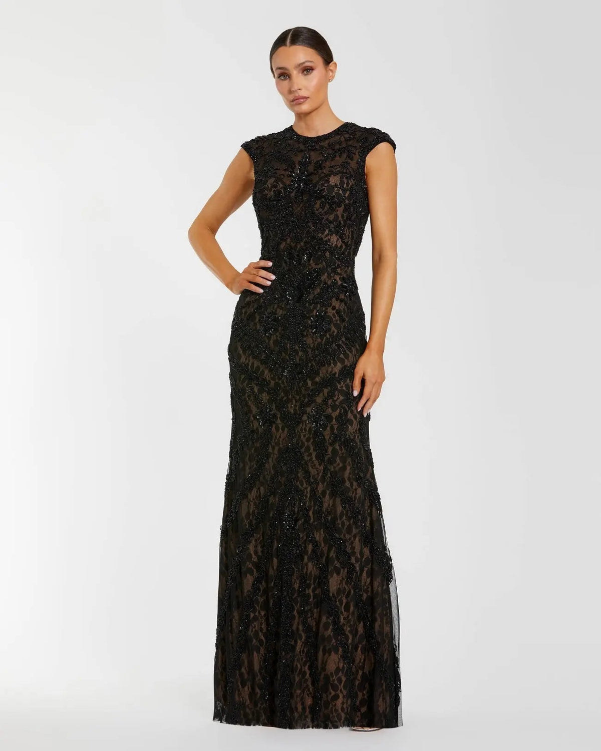 Embellished Lace Cap Sleeve Evening Gown