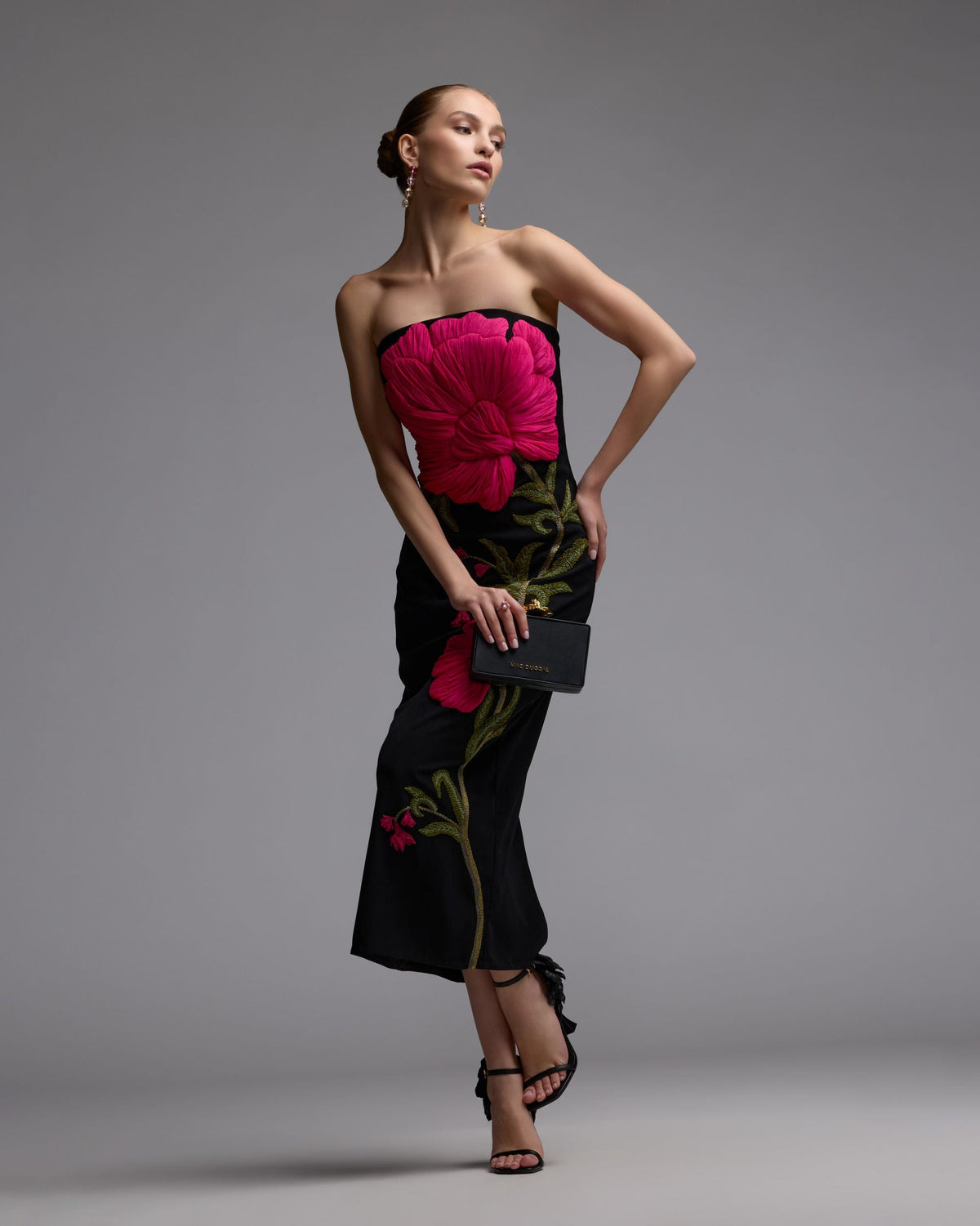 Black Strapless Floral Embroidered Midi Dress