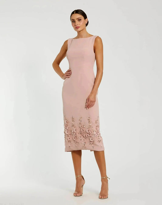 Crepe Sleeveless Midi Dress With Flower Beading