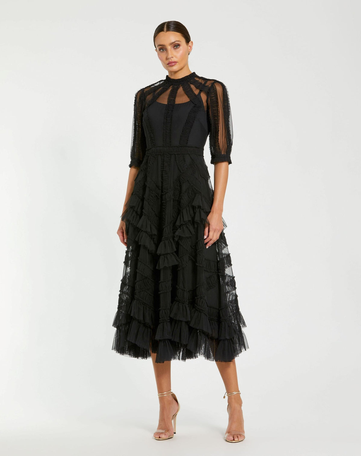 Petite Black High Neck Ruffle Tiered A-Line Midi Dress