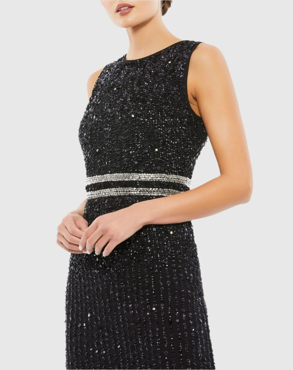Black Sleeveless High Neck Beaded Midi Sheath Dress