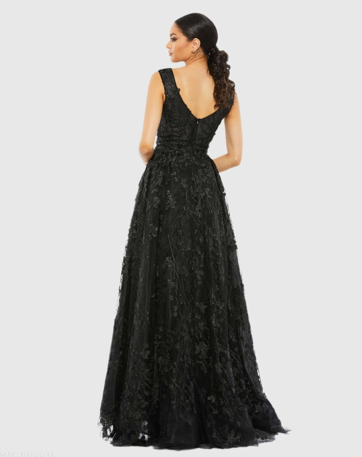 Black Floral Embroidered Illusion V-Neck Gown