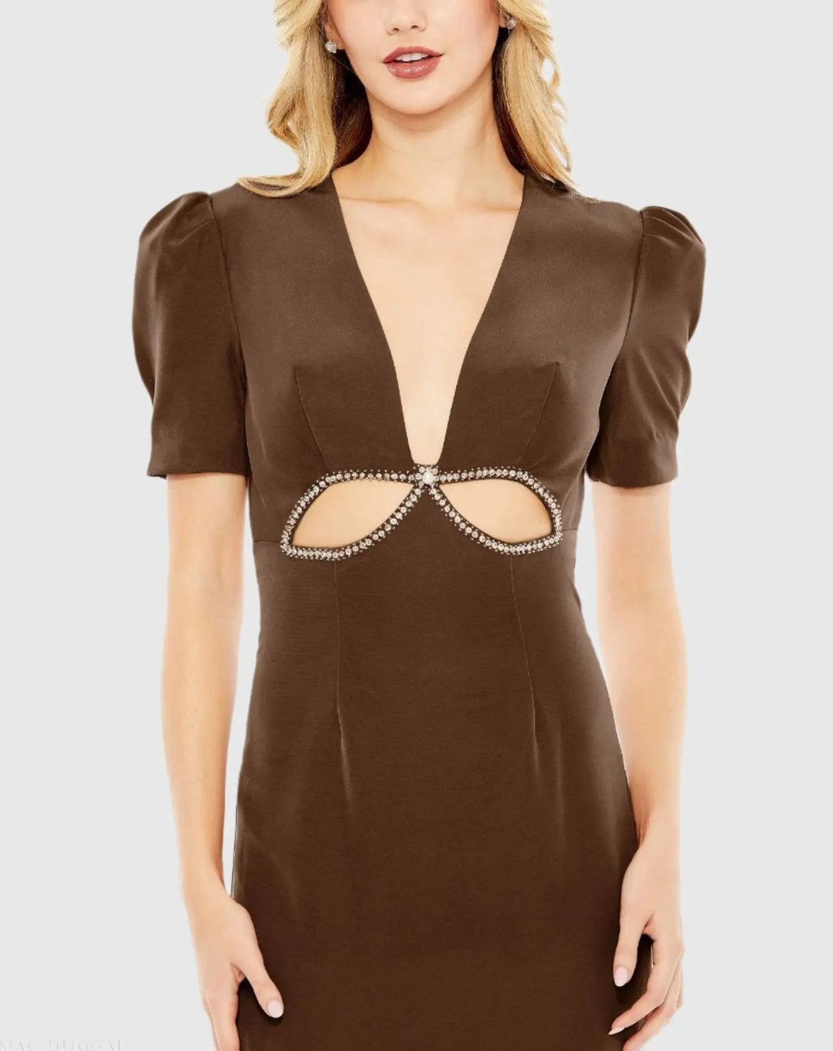Brown Plunge Neck Puff Sleeve Cut Out Gown