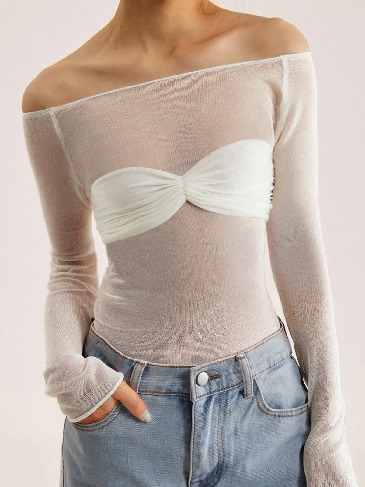 Semi-Sheer Off-Shoulder Mesh Long Sleeve Shirt