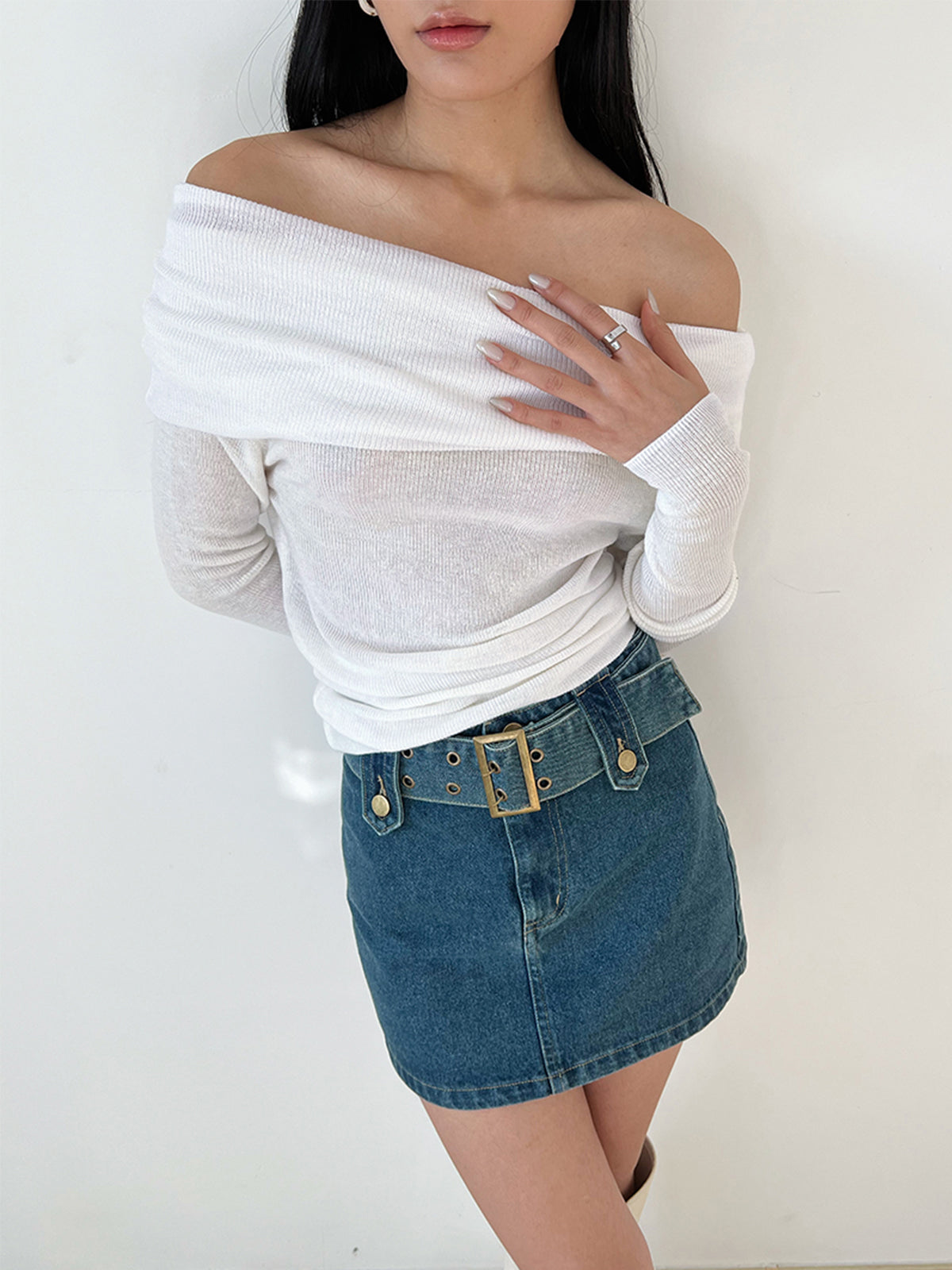 Semi-Sheer Overfold Off-Shoulder Shirt