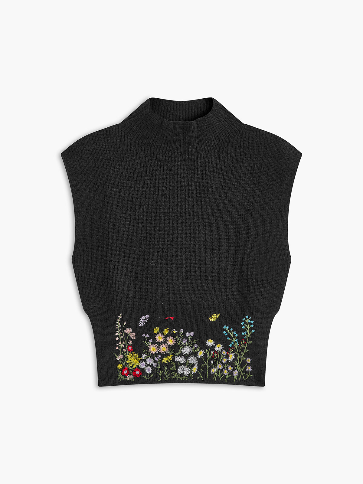 Stand Collar Embroidery Floral Sweater Vest