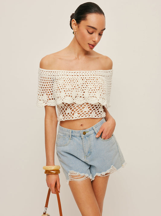 Off-Shoulder Hollow Knit Top