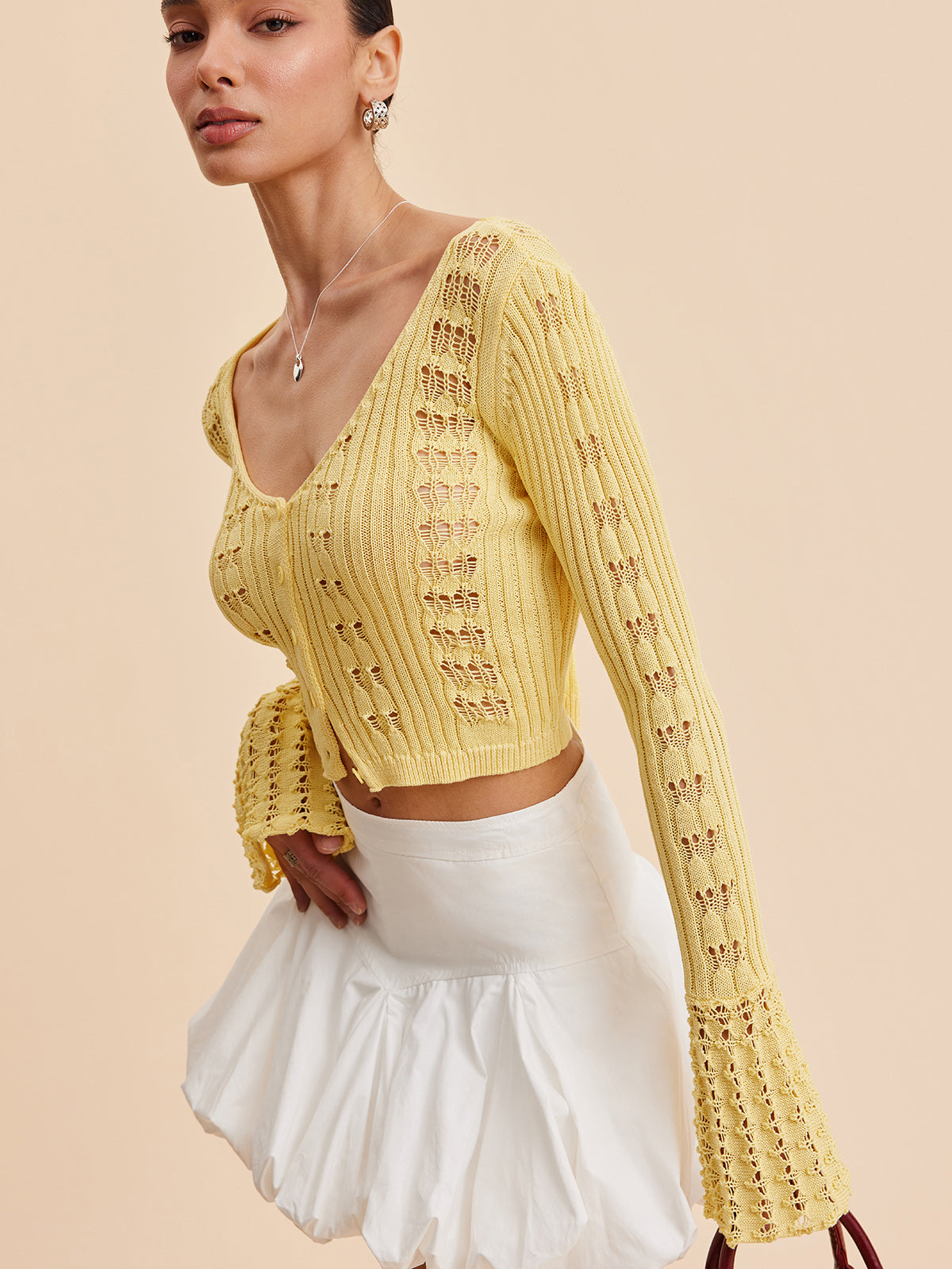 Bell Sleeve Crochet Knit Cardigan
