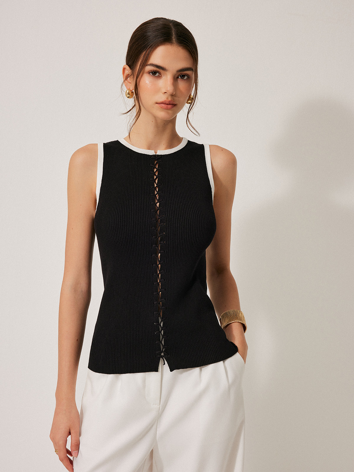 Color Block Knit Lace-Up Vest