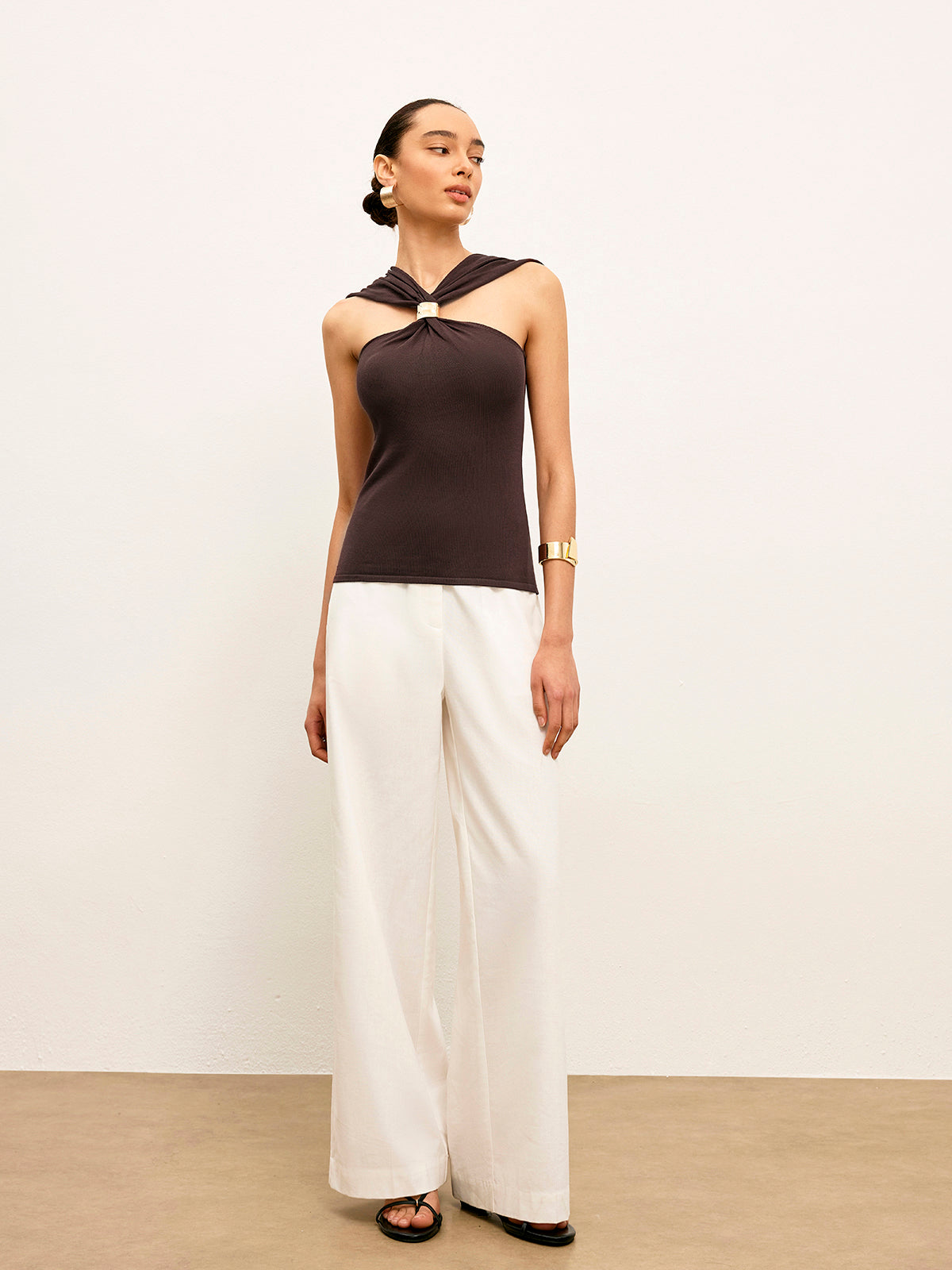 Knitted Twist Front Top With Gold Detail
