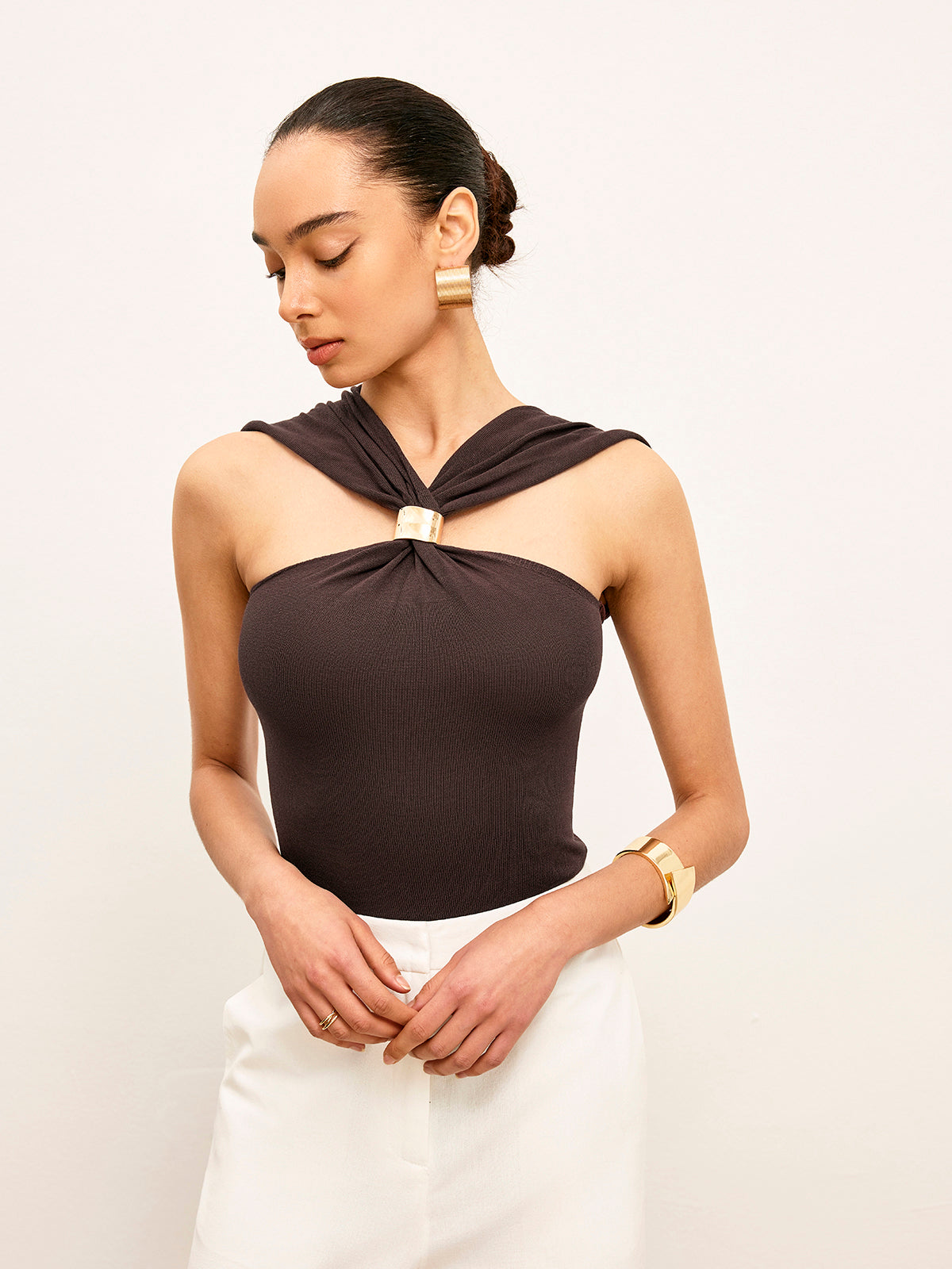 Knitted Twist Front Top With Gold Detail