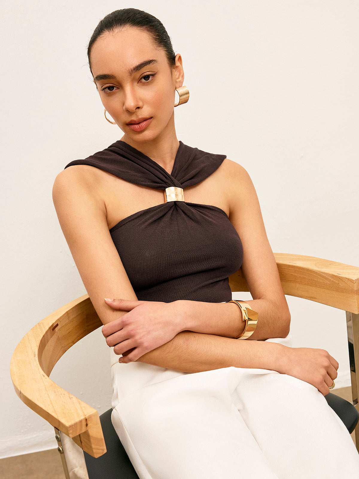 Knitted Twist Front Top With Gold Detail