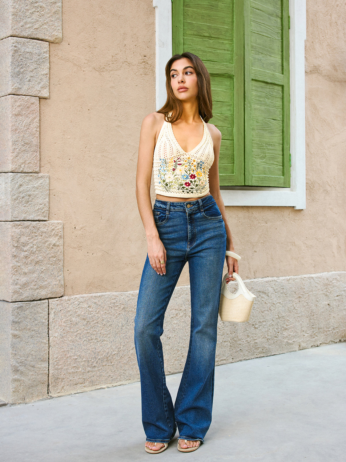 Halter Embroidery Tie-Back Top